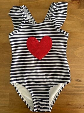 Cat & Jack White Girls' Swimsuit with Navy Trim and Red Logo Accent Size 5T